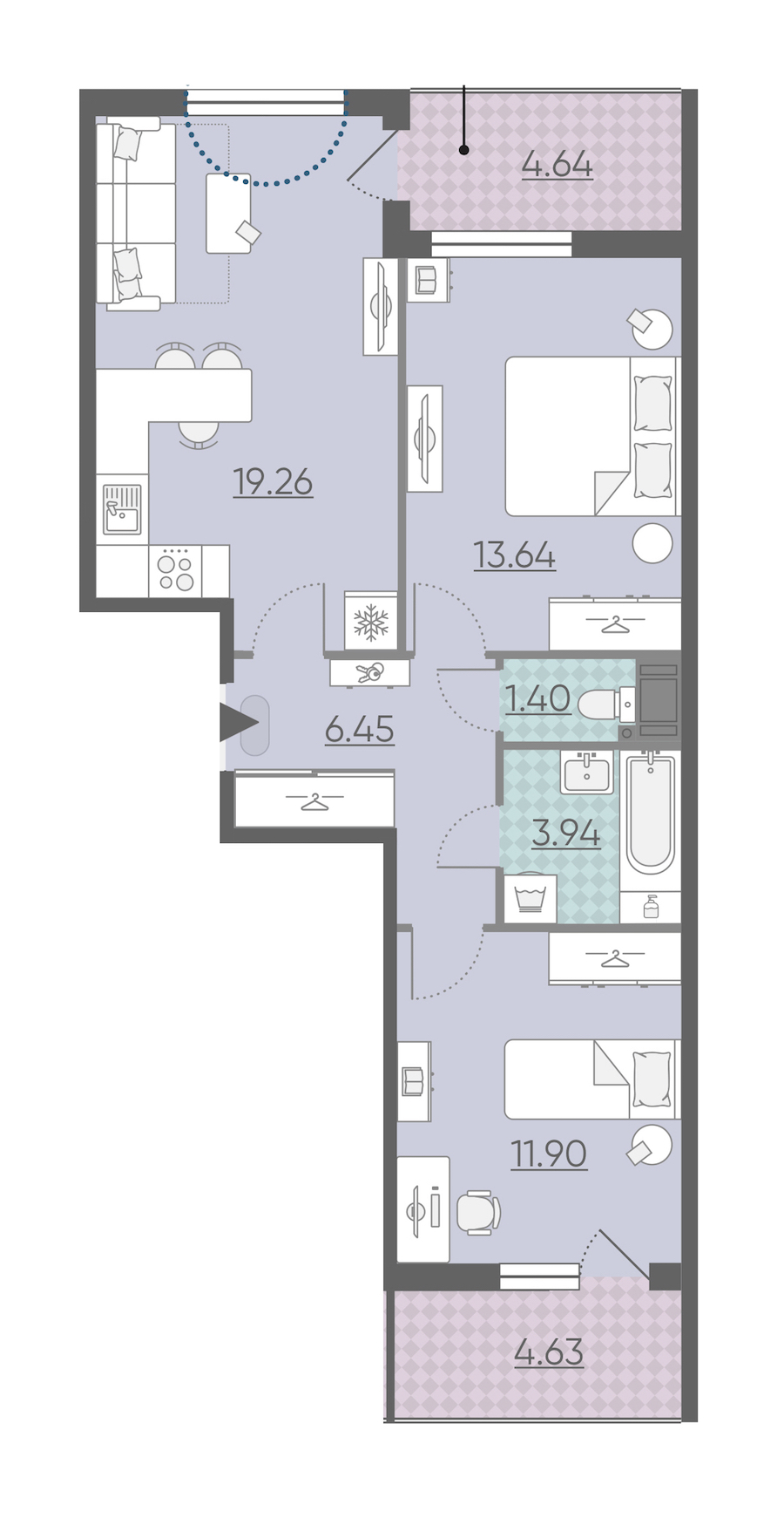 Двухкомнатная квартира в : площадь 61.23 м2 , этаж: 3 – купить в Санкт-Петербурге